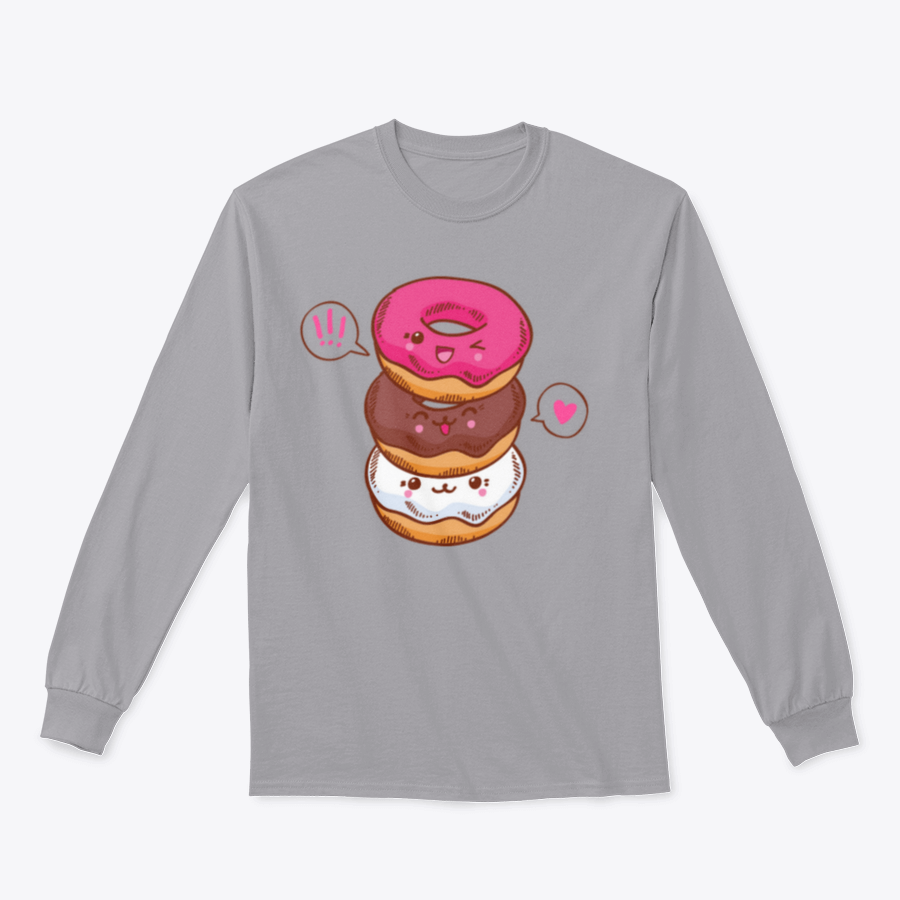 A colorful illustration of three cute kawaii donuts, perfect for T-shirt design, showcasing their playful and vibrant features.