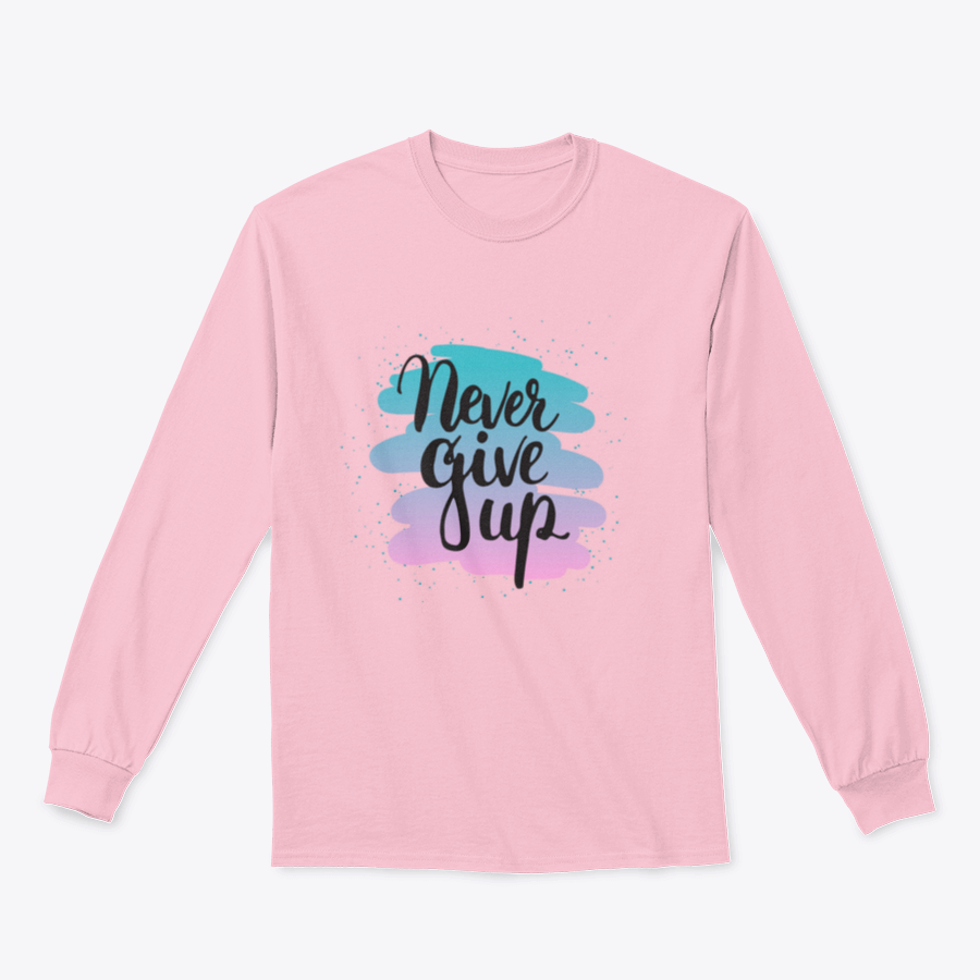 Hand drawn typography lettering phrase 'Never Give Up' displayed on a soft cotton/polyester blend fabric, showcasing a motivational design.