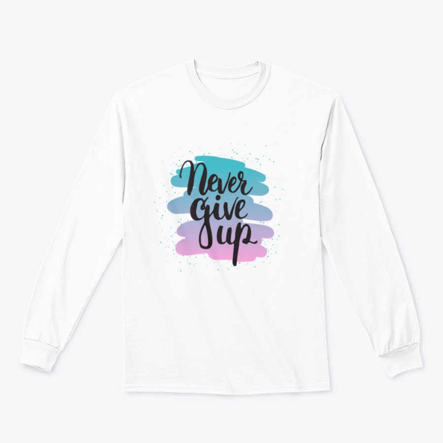Hand drawn typography lettering phrase 'Never Give Up' displayed on a soft cotton/polyester blend fabric, showcasing a motivational design.