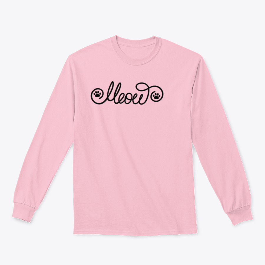 A stylish black shirt featuring hand-written 'Meow' lettering with cute cat paws, perfect for cat lovers.