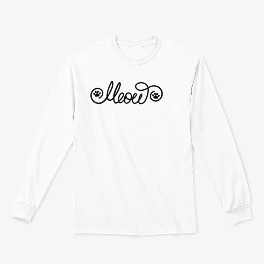 A stylish black shirt featuring hand-written 'Meow' lettering with cute cat paws, perfect for cat lovers.