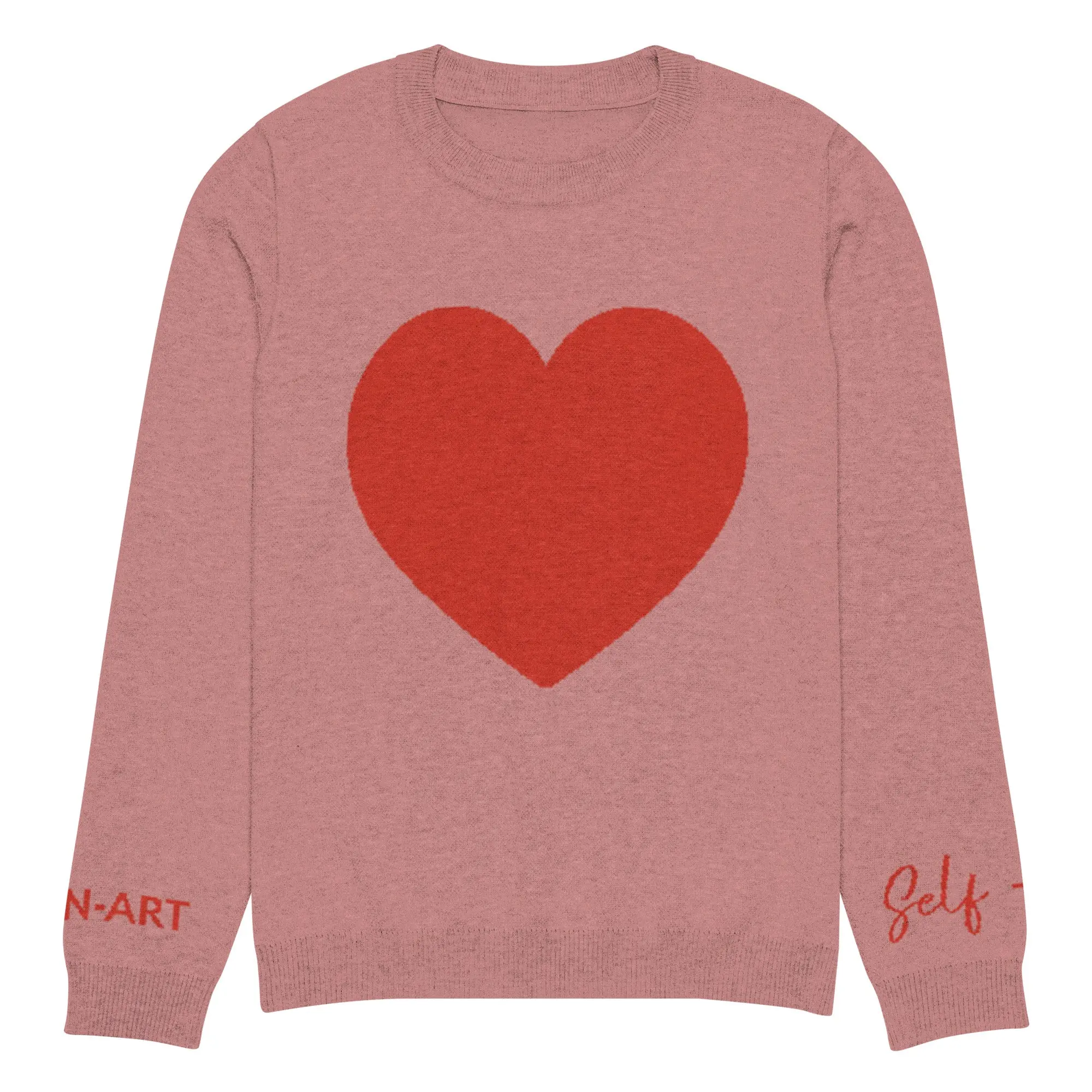 Heart Knitted Crew Neck Sweater in Coral, showcasing its soft fabric and stylish design.