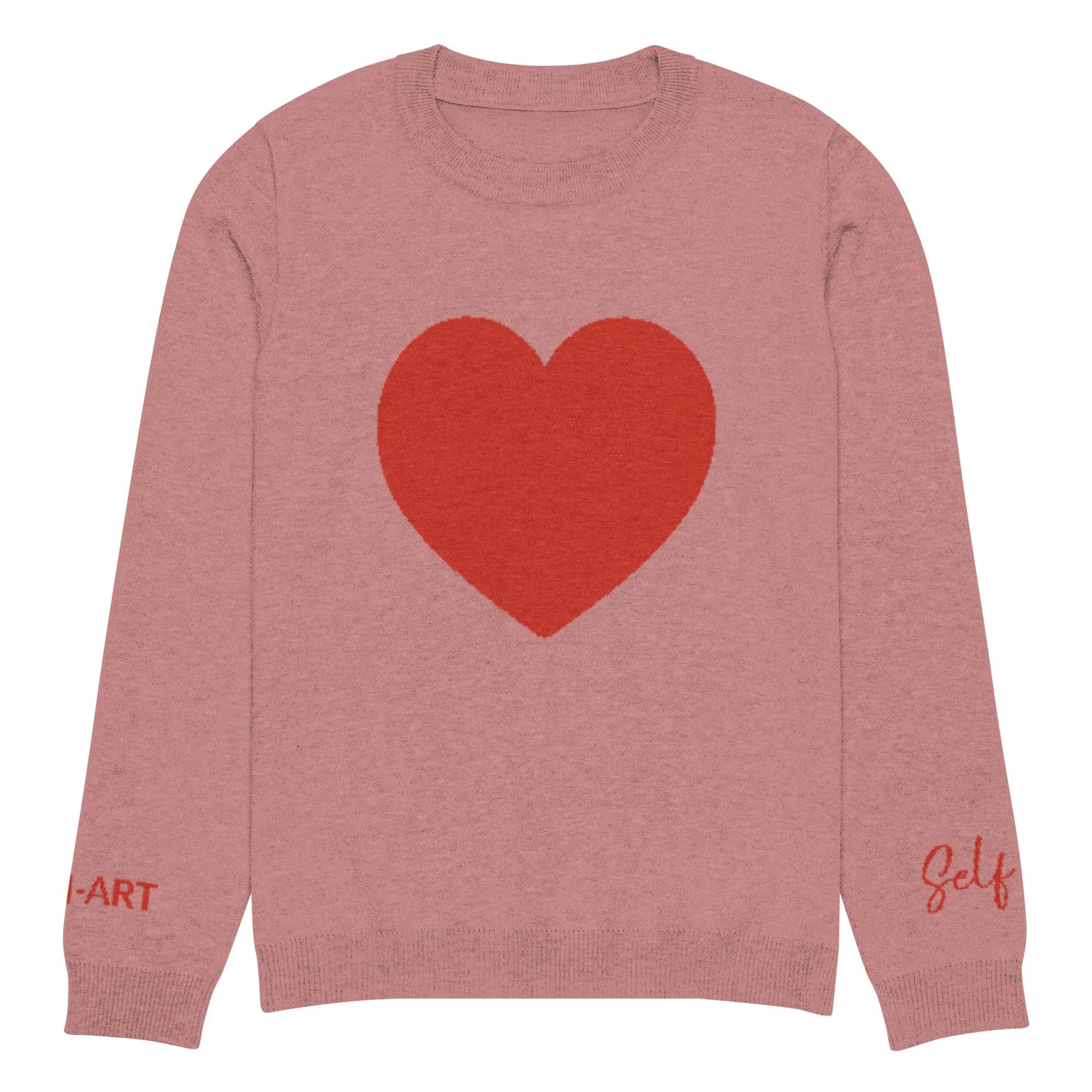 Heart Knitted Crew Neck Sweater in Coral, showcasing its soft fabric and stylish design.