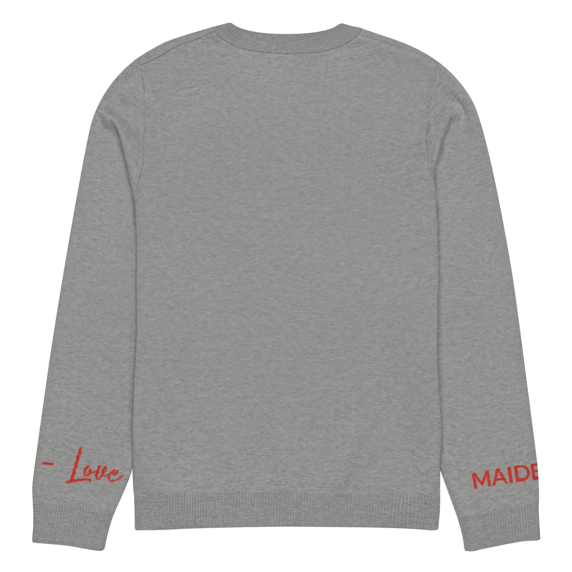 Heart knitted crew neck sweater in grey, showcasing its soft fabric and classic design.