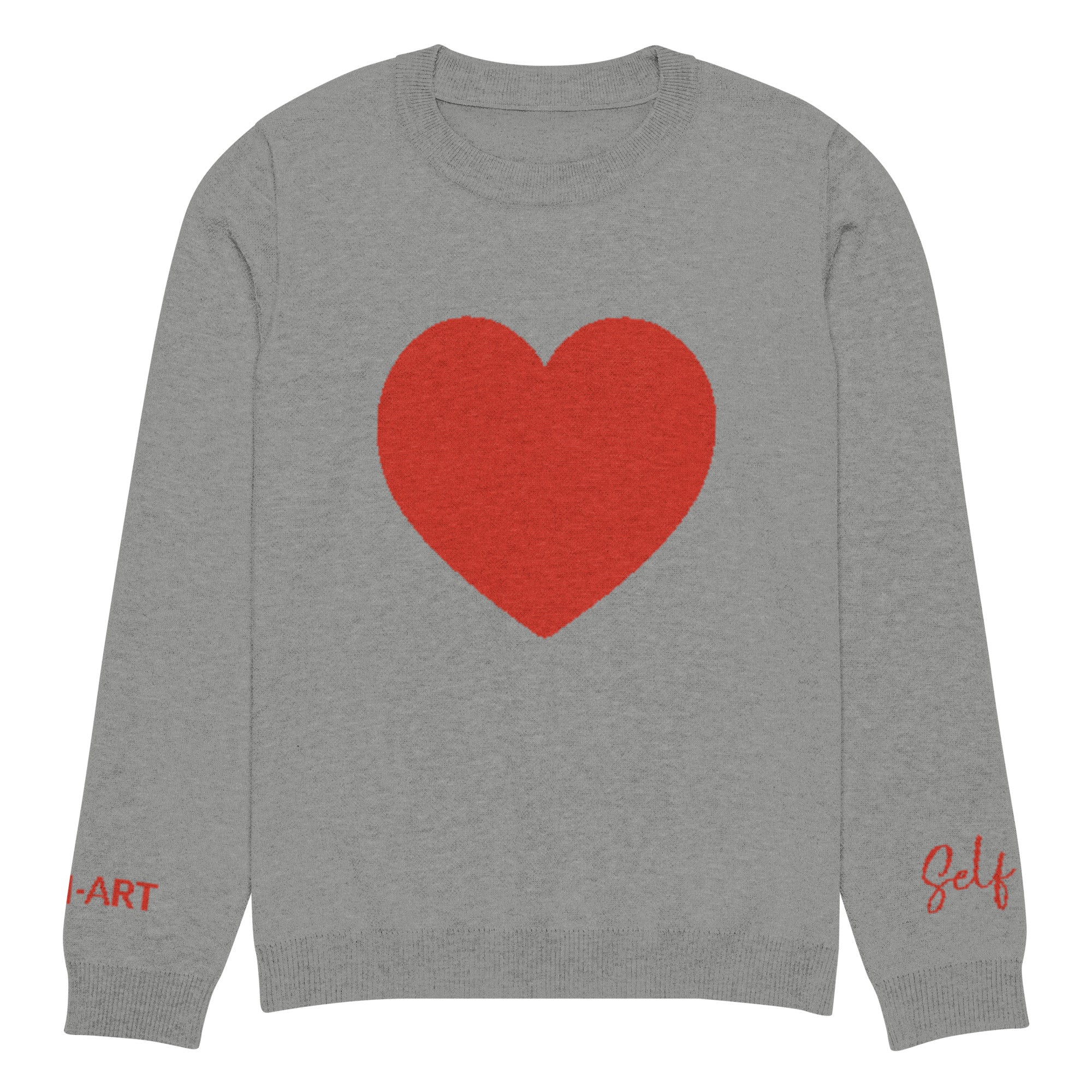 Heart knitted crew neck sweater in grey, showcasing its soft fabric and classic design.