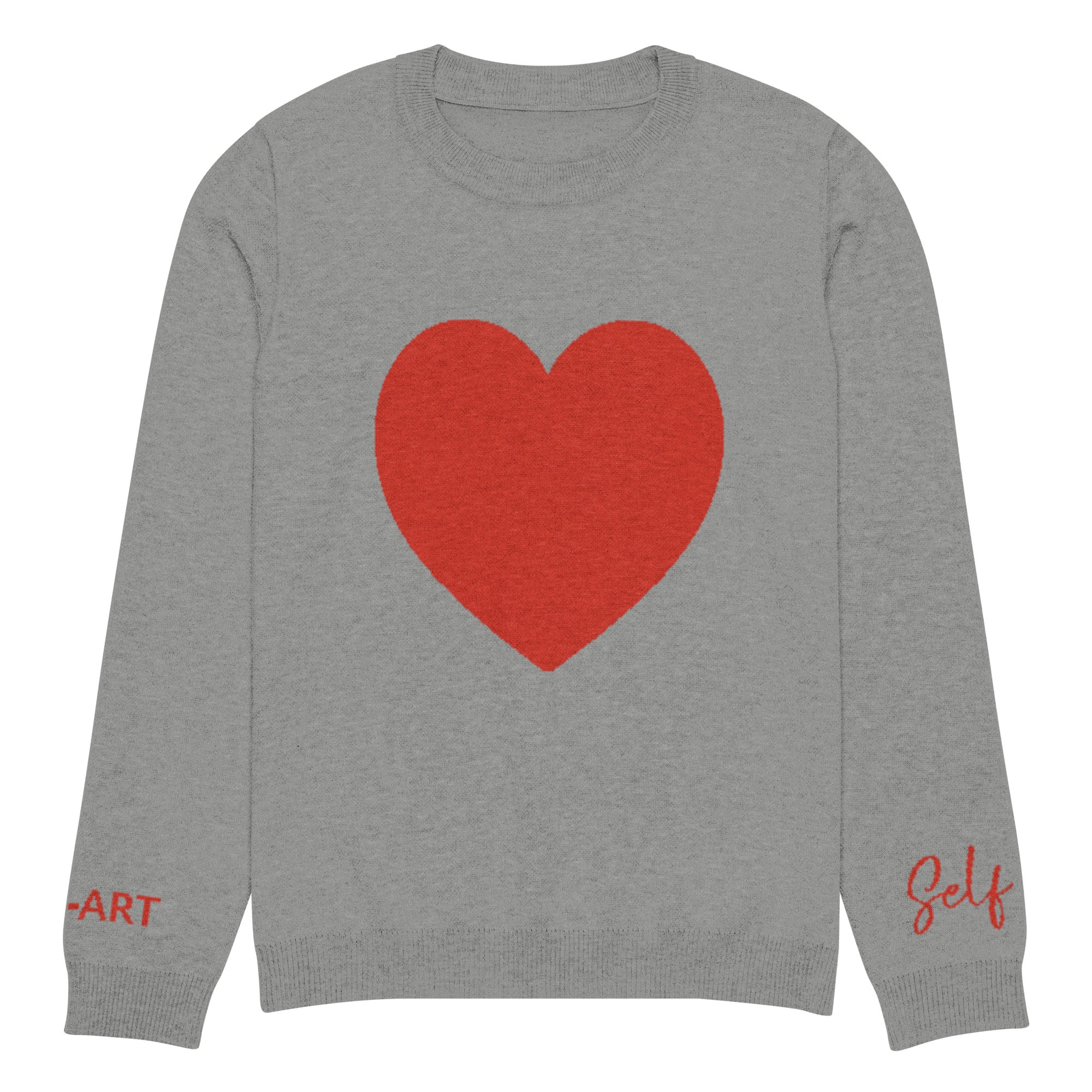 Heart knitted crew neck sweater in grey, showcasing its soft fabric and classic design.