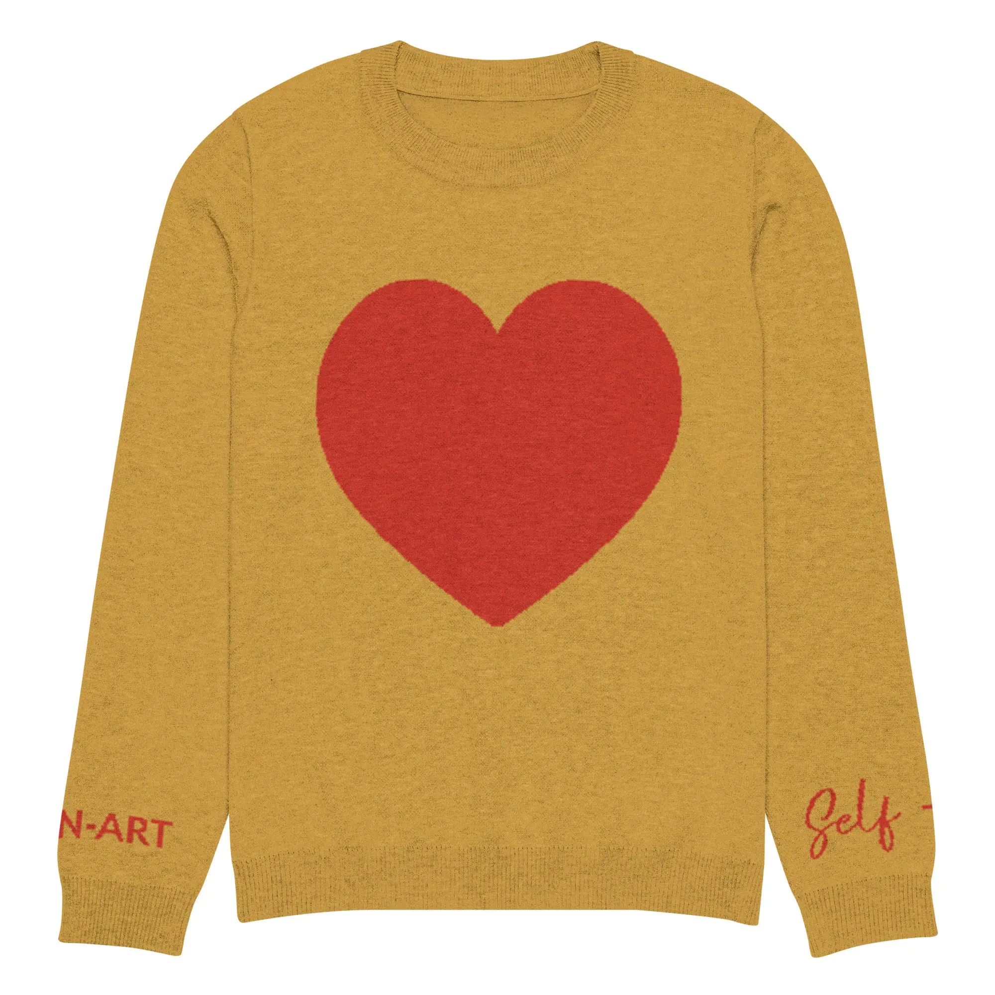 Heart knitted crew neck sweater in mustard color, showcasing its soft fabric and classic design.