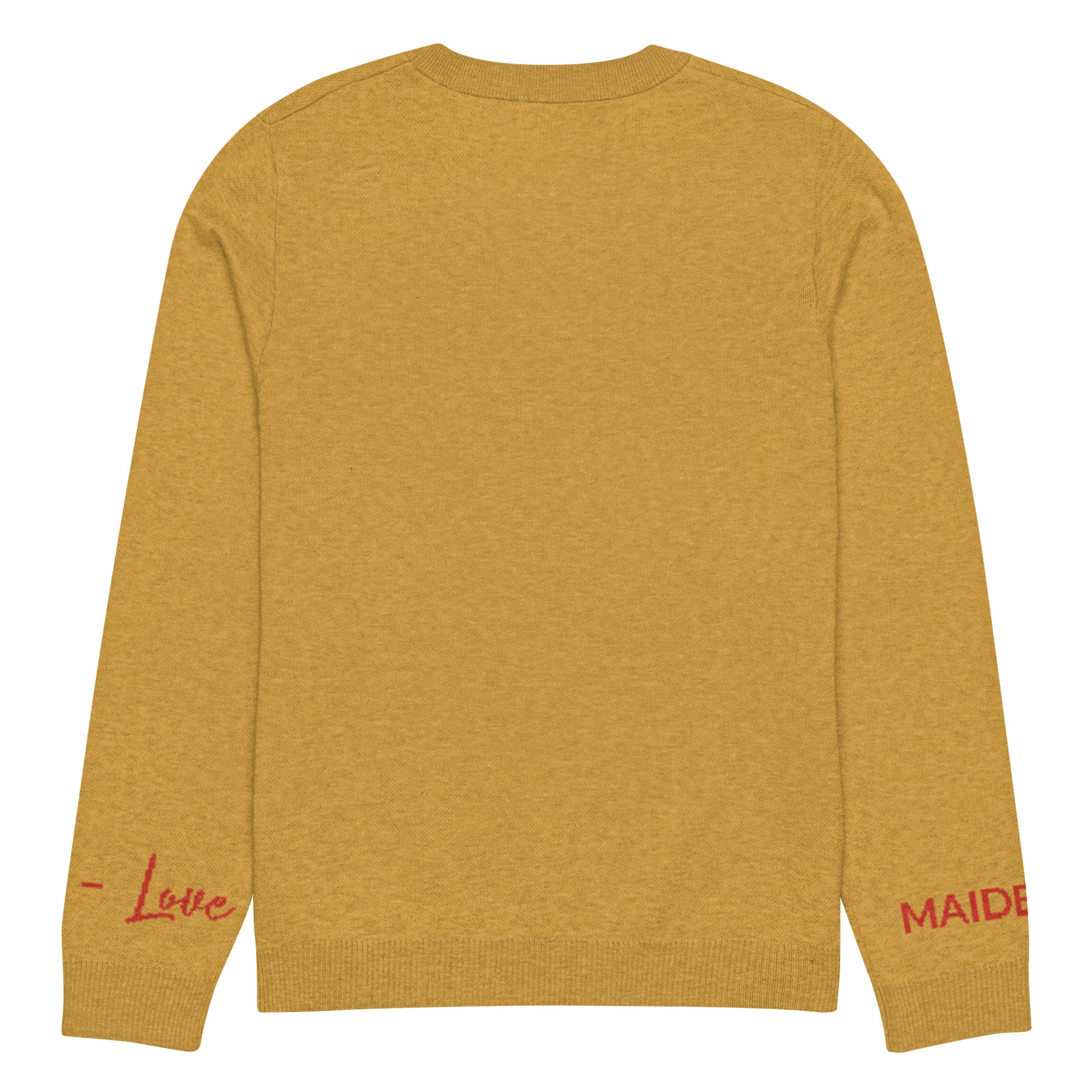 Heart knitted crew neck sweater in mustard color, showcasing its soft fabric and classic design.
