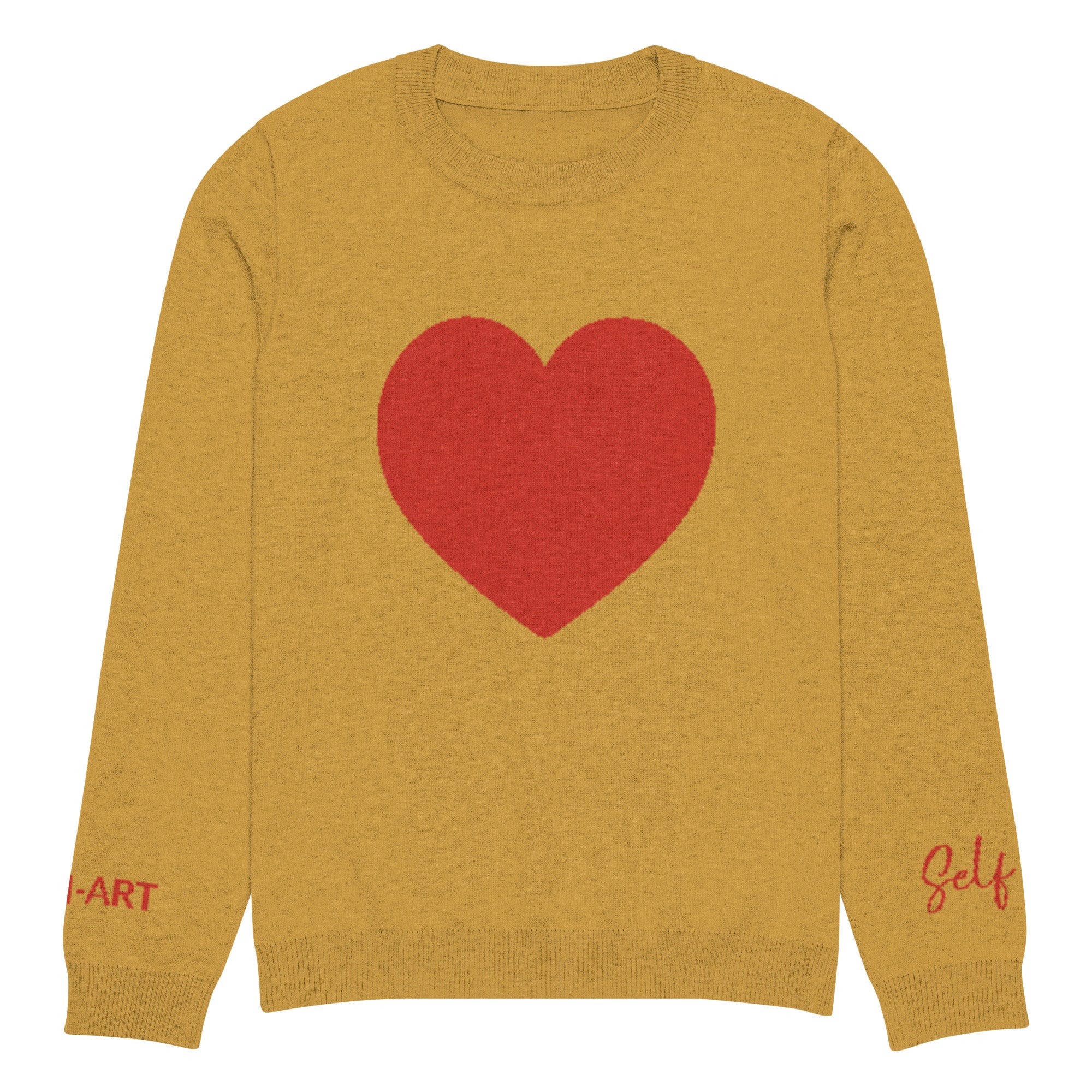 Heart knitted crew neck sweater in mustard color, showcasing its soft fabric and classic design.