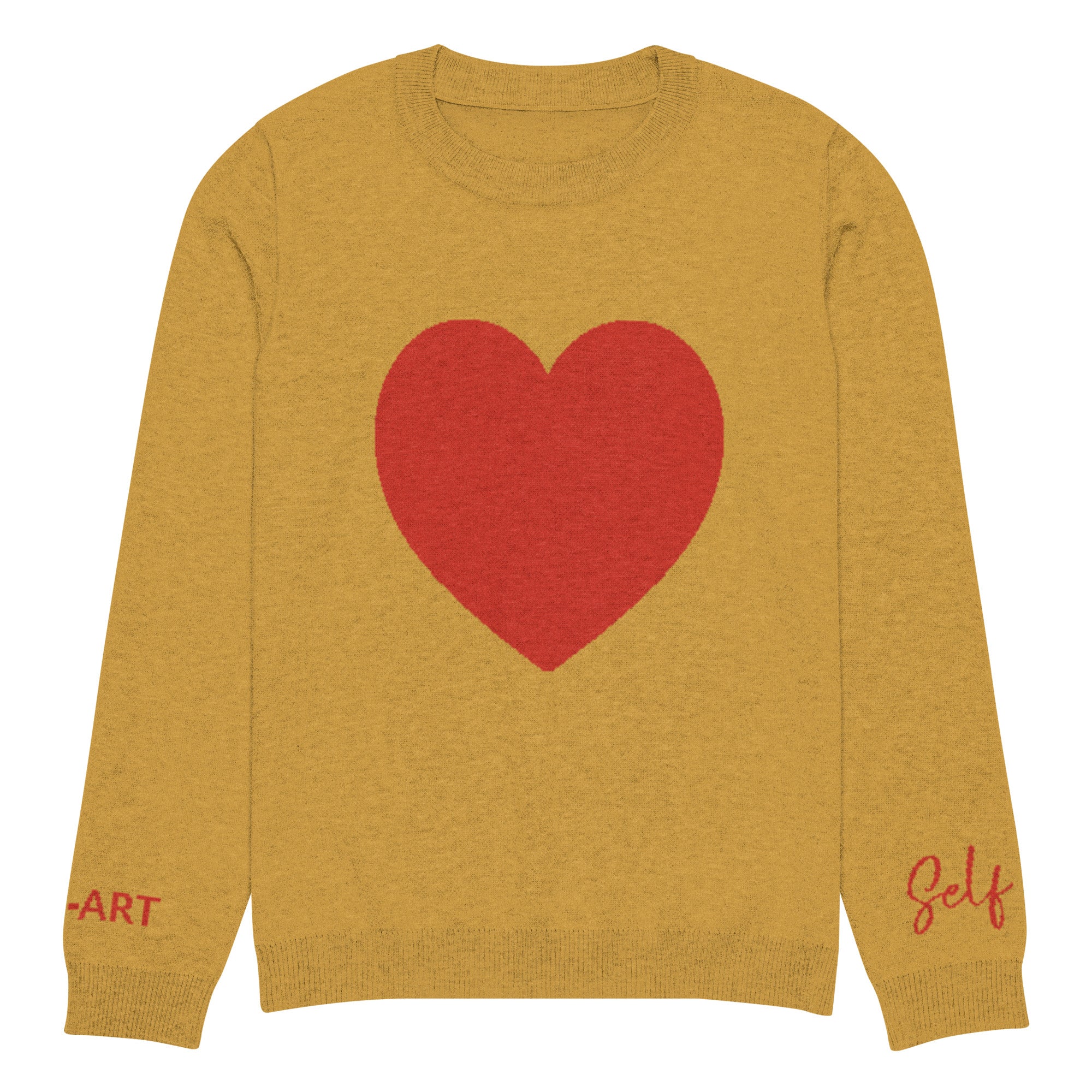 Heart knitted crew neck sweater in mustard color, showcasing its soft fabric and classic design.