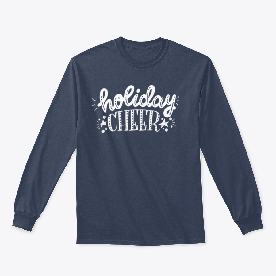 Holiday Cheer apparel featuring unique bright hand lettering and decorative elements, perfect for festive occasions.
