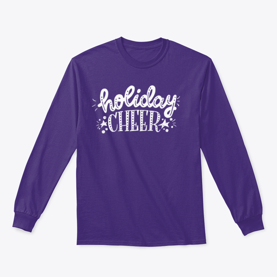 Holiday Cheer apparel featuring unique bright hand lettering and decorative elements, perfect for festive occasions.