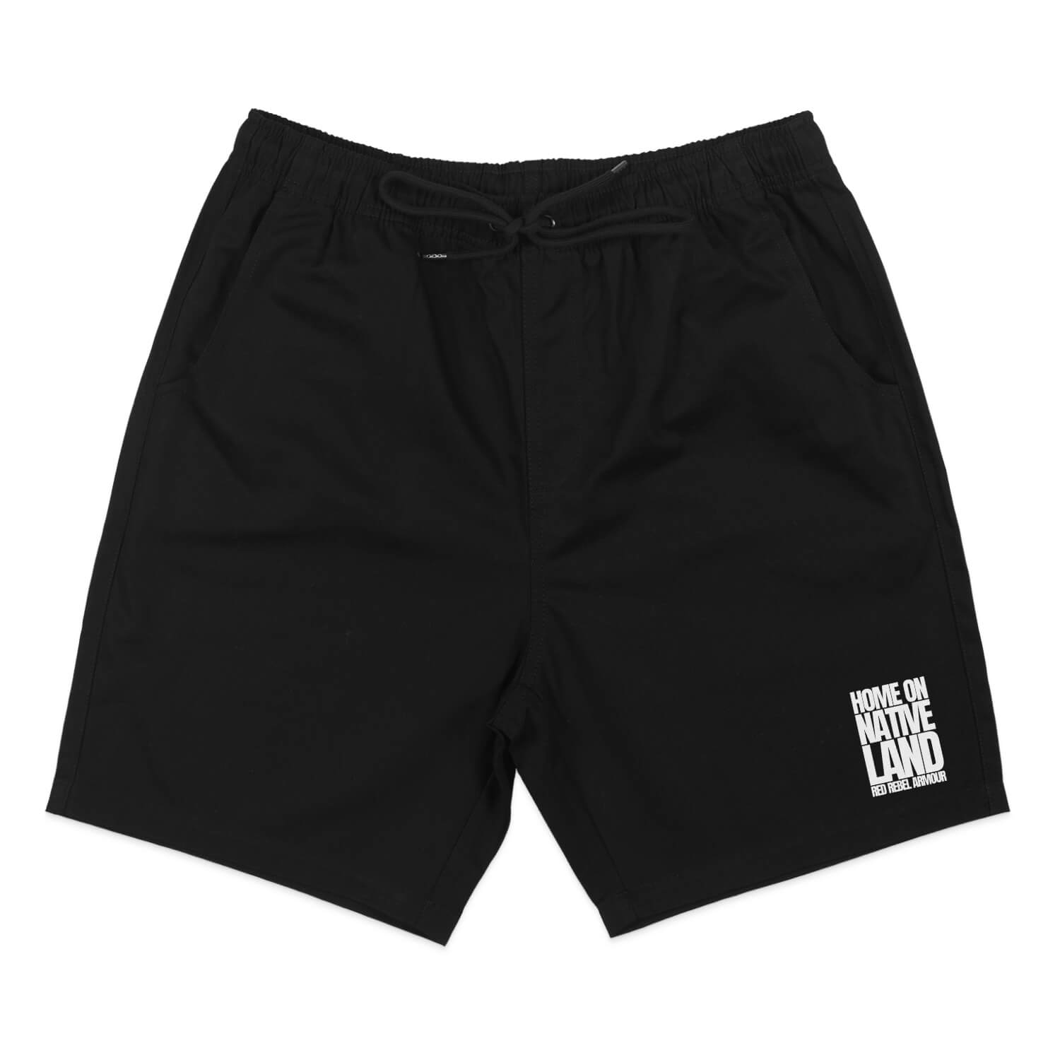 A pair of Home On Native Land Shorts featuring Indigenous artwork, designed for comfort and cultural connection.