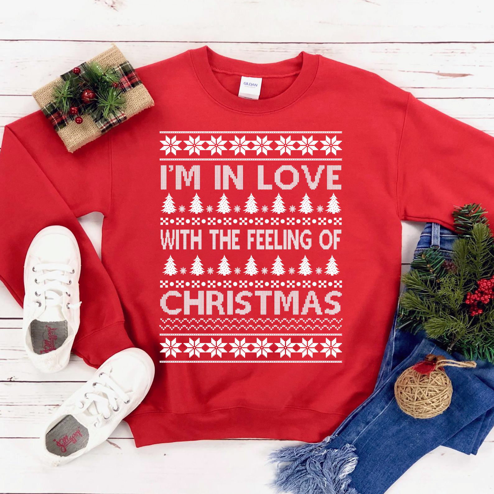 I Am In Love Christmas Sweatshirt featuring a cozy crew neck design, soft fabric, and festive appeal, perfect for holiday celebrations.