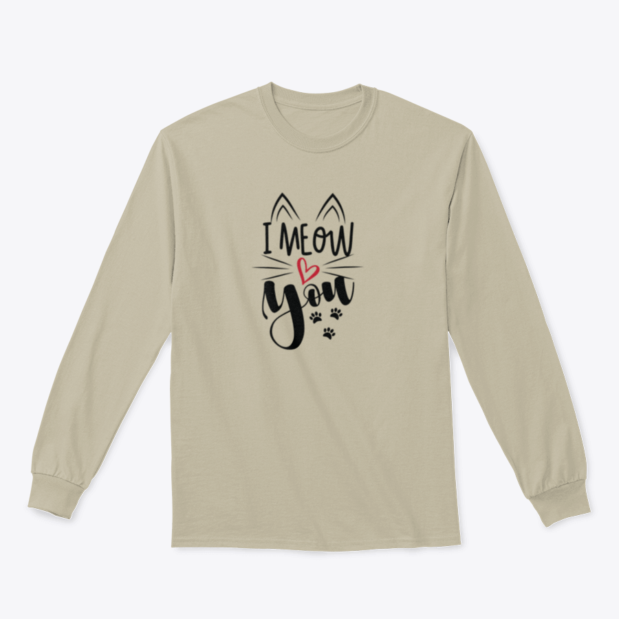 A humorous 'I Meow You' T-shirt featuring a cute paw print design, perfect for cat lovers.