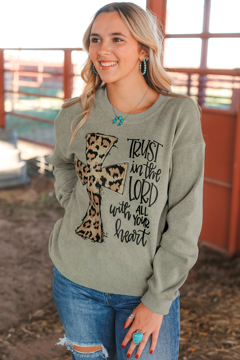 A cozy Jesus Cross Corded Oversized Sweatshirt in vintage washed solid color, featuring a round neck and drop shoulder design.