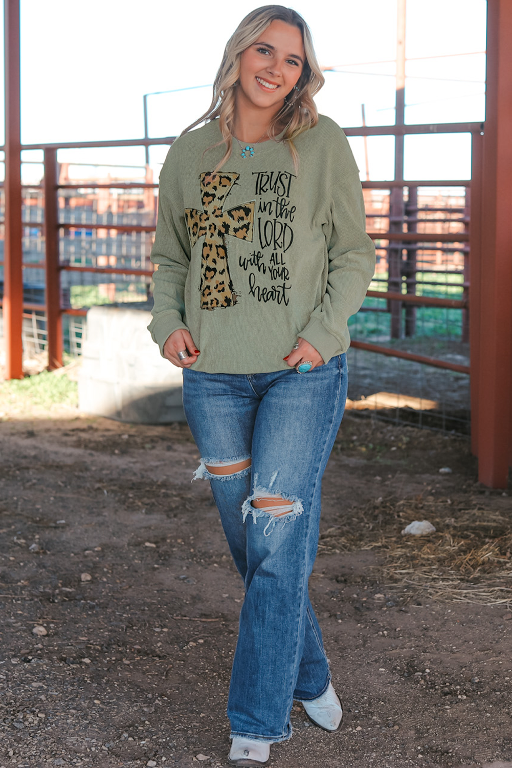 A cozy Jesus Cross Corded Oversized Sweatshirt in vintage washed solid color, featuring a round neck and drop shoulder design.