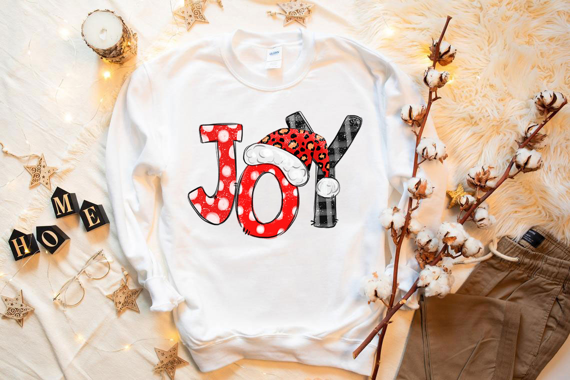 Joy Santa Christmas Sweatshirt featuring a festive Santa design, made from soft cotton-polyester blend, perfect for holiday celebrations.