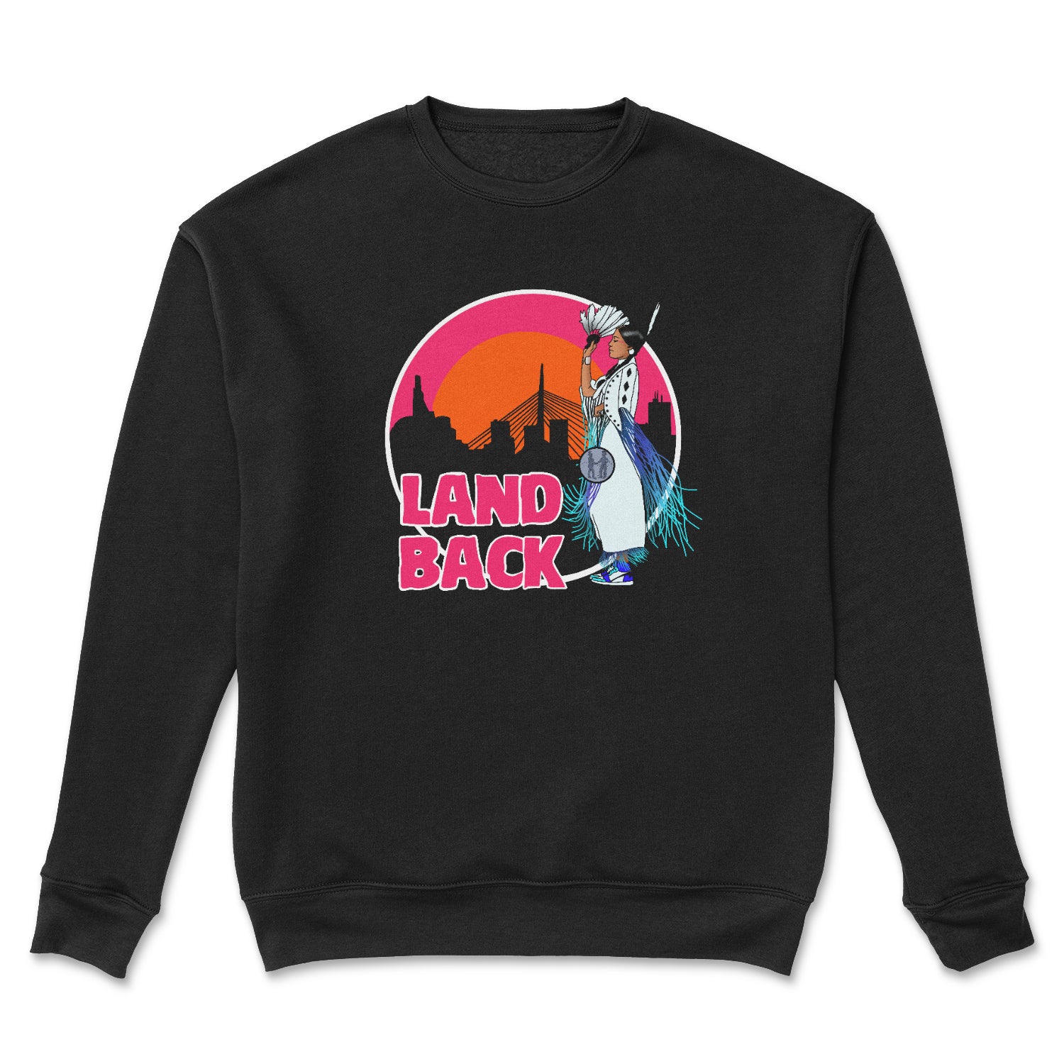 A cozy Land Back Crewneck featuring Indigenous artwork, showcasing cultural pride and eco-friendly design.
