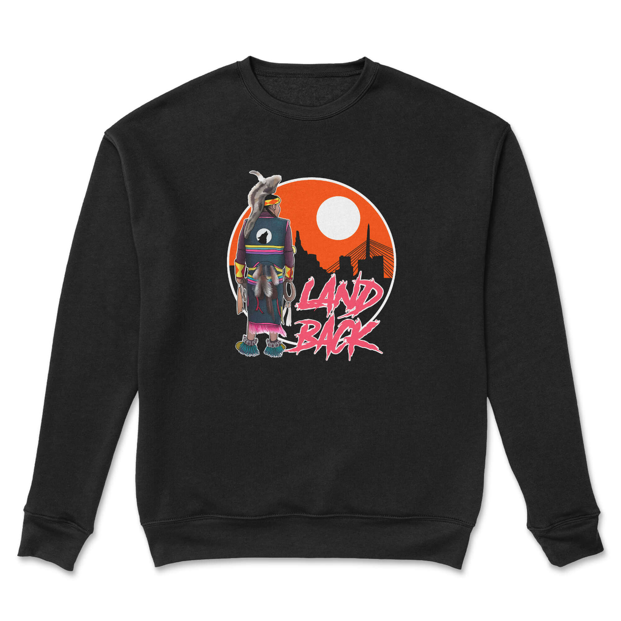 A cozy Land Back Dance Crewneck featuring Indigenous artwork, designed for comfort and cultural pride.