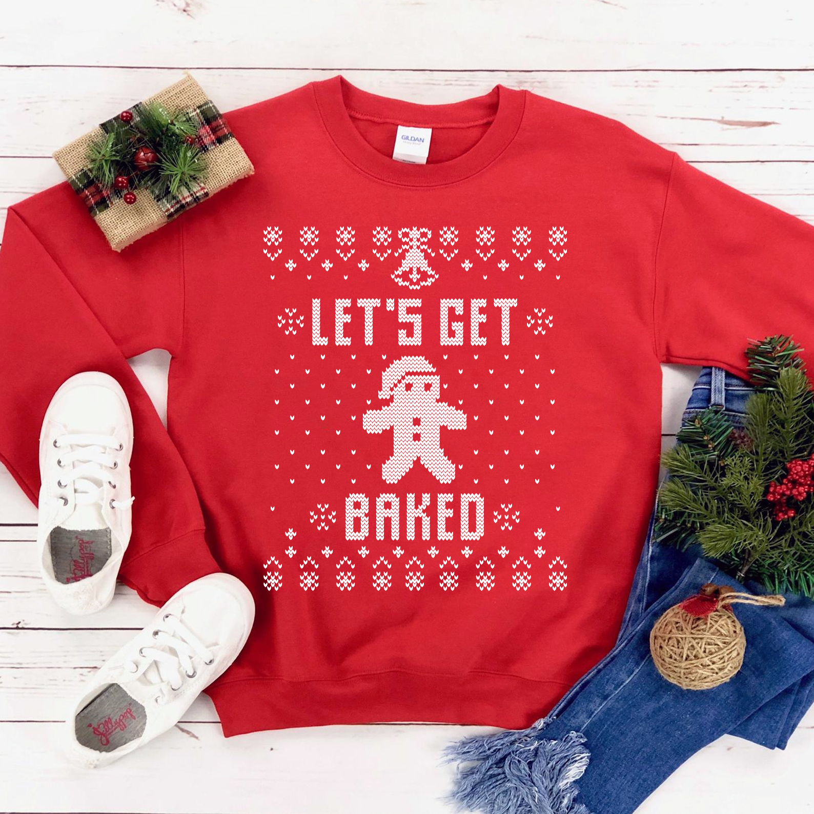 A cozy unisex sweatshirt featuring a festive 'Let's Get Baked' design, perfect for Christmas celebrations.