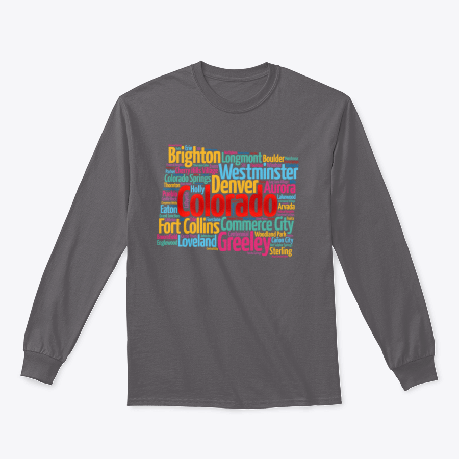 A cozy sweatshirt featuring a list of cities in Colorado, made from 100% cotton, showcasing a classic fit and midweight fabric.