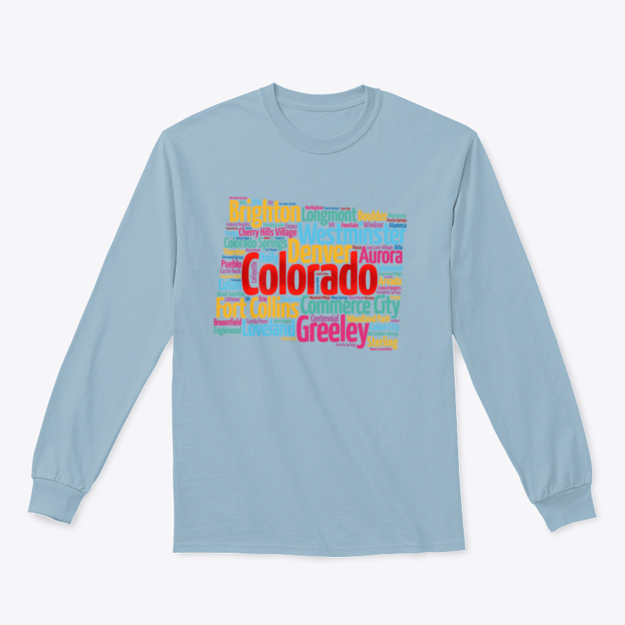 A cozy sweatshirt featuring a list of cities in Colorado, made from 100% cotton, showcasing a classic fit and midweight fabric.