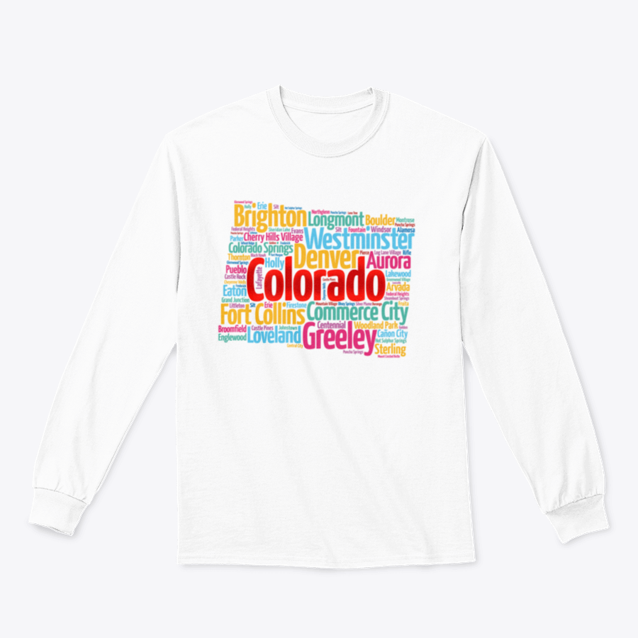 A cozy sweatshirt featuring a list of cities in Colorado, made from 100% cotton, showcasing a classic fit and midweight fabric.
