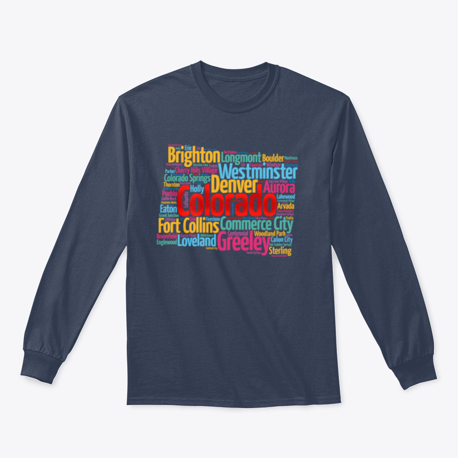 A cozy sweatshirt featuring a list of cities in Colorado, made from 100% cotton, showcasing a classic fit and midweight fabric.