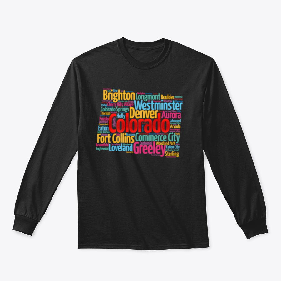 A cozy sweatshirt featuring a list of cities in Colorado, made from 100% cotton, showcasing a classic fit and midweight fabric.