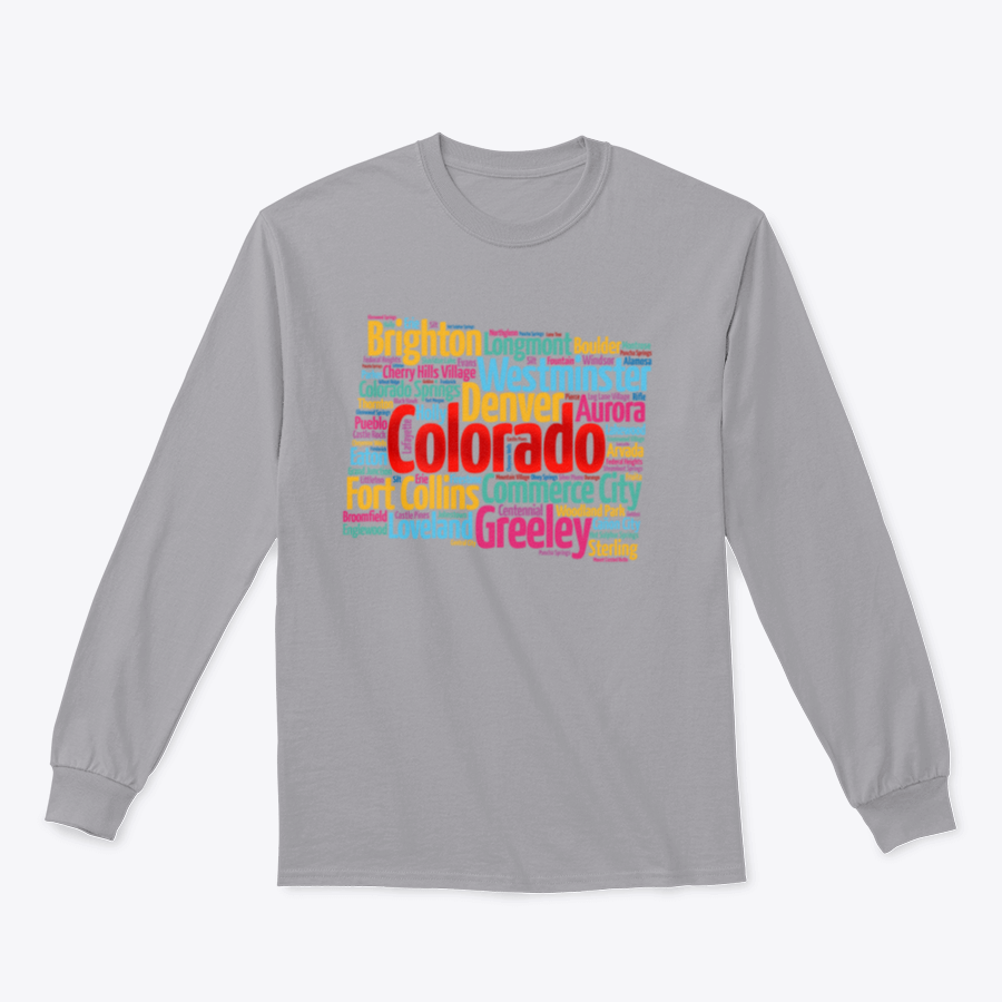 A cozy sweatshirt featuring a list of cities in Colorado, made from 100% cotton, showcasing a classic fit and midweight fabric.