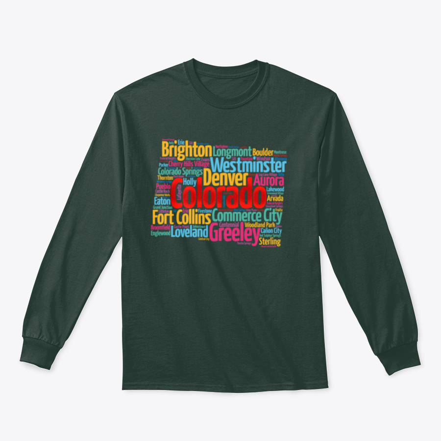 A cozy sweatshirt featuring a list of cities in Colorado, made from 100% cotton, showcasing a classic fit and midweight fabric.