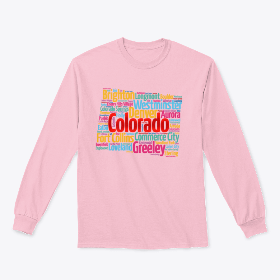 A cozy sweatshirt featuring a list of cities in Colorado, made from 100% cotton, showcasing a classic fit and midweight fabric.