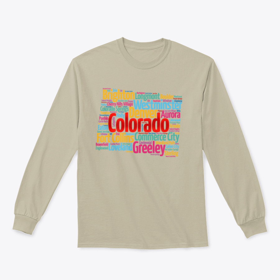A cozy sweatshirt featuring a list of cities in Colorado, made from 100% cotton, showcasing a classic fit and midweight fabric.