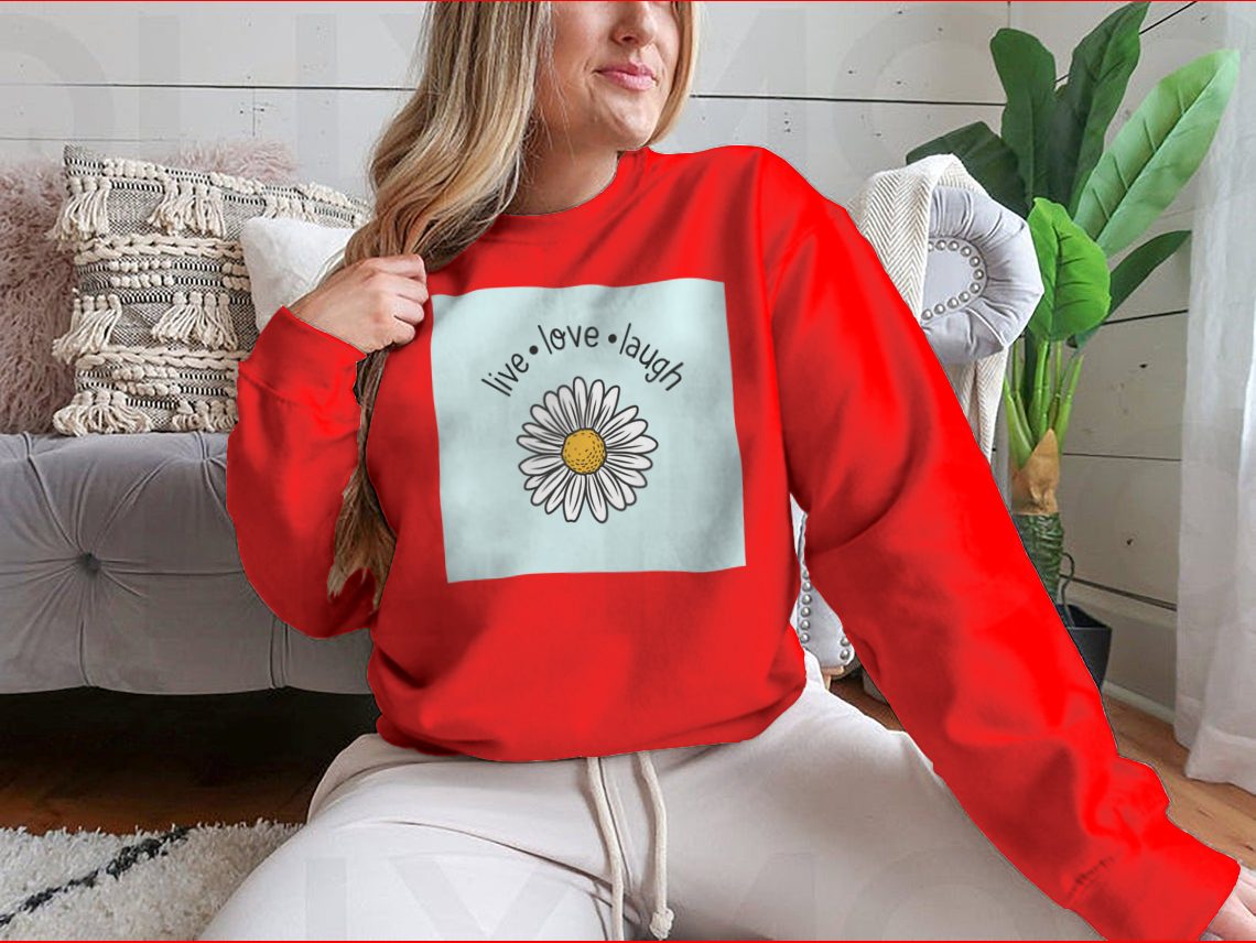 A stylish Live Love Laugh T-shirt featuring a daisy flower vector design, made from soft cotton fabric.