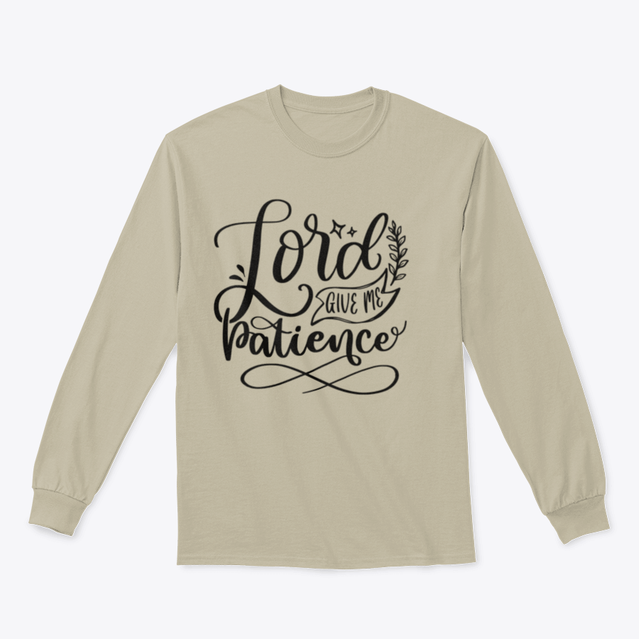 A comfortable cotton t-shirt featuring the motivational quote 'Lord Give Me Patience' in stylish lettering, perfect for expressing faith.
