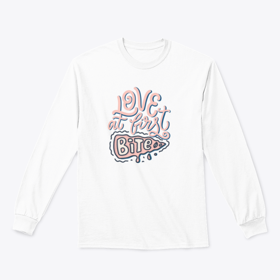 A stylish t-shirt featuring hand-drawn lettering that reads 'Love At First Bite' with a pizza graphic, made from 100% cotton.