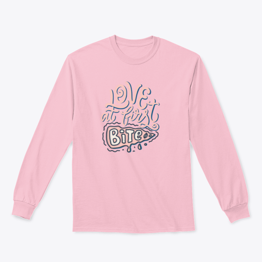 A stylish t-shirt featuring hand-drawn lettering that reads 'Love At First Bite' with a pizza graphic, made from 100% cotton.
