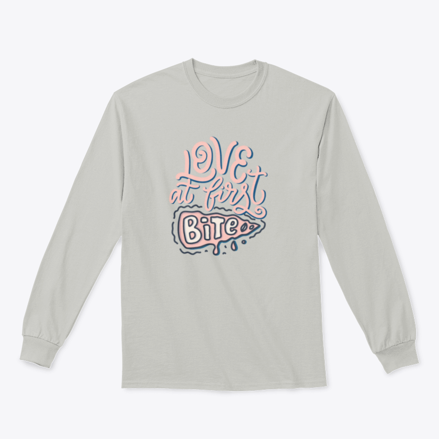 A stylish t-shirt featuring hand-drawn lettering that reads 'Love At First Bite' with a pizza graphic, made from 100% cotton.