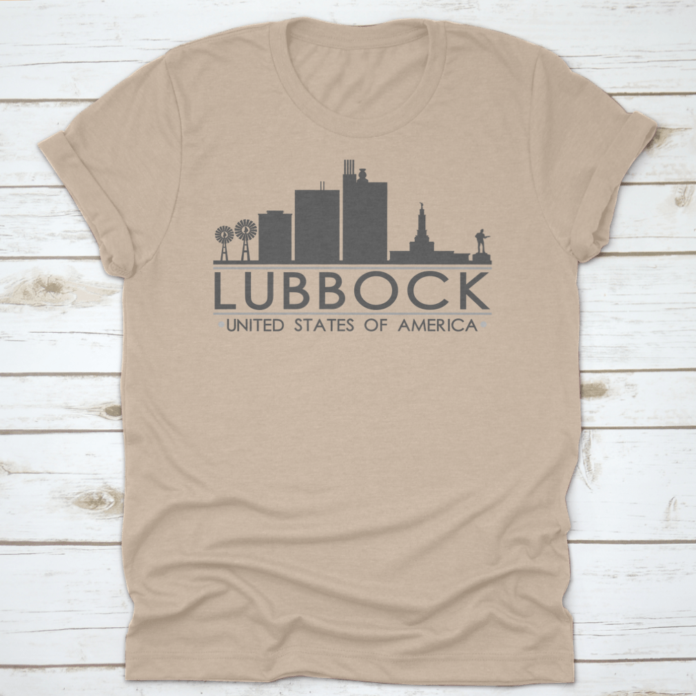 Lubbock Texas skyline silhouette design on a stylish t-shirt, showcasing iconic city landmarks in a modern vector art style.