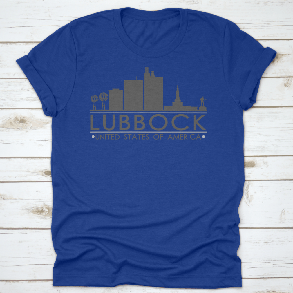 Lubbock Texas skyline silhouette design on a stylish t-shirt, showcasing iconic city landmarks in a modern vector art style.