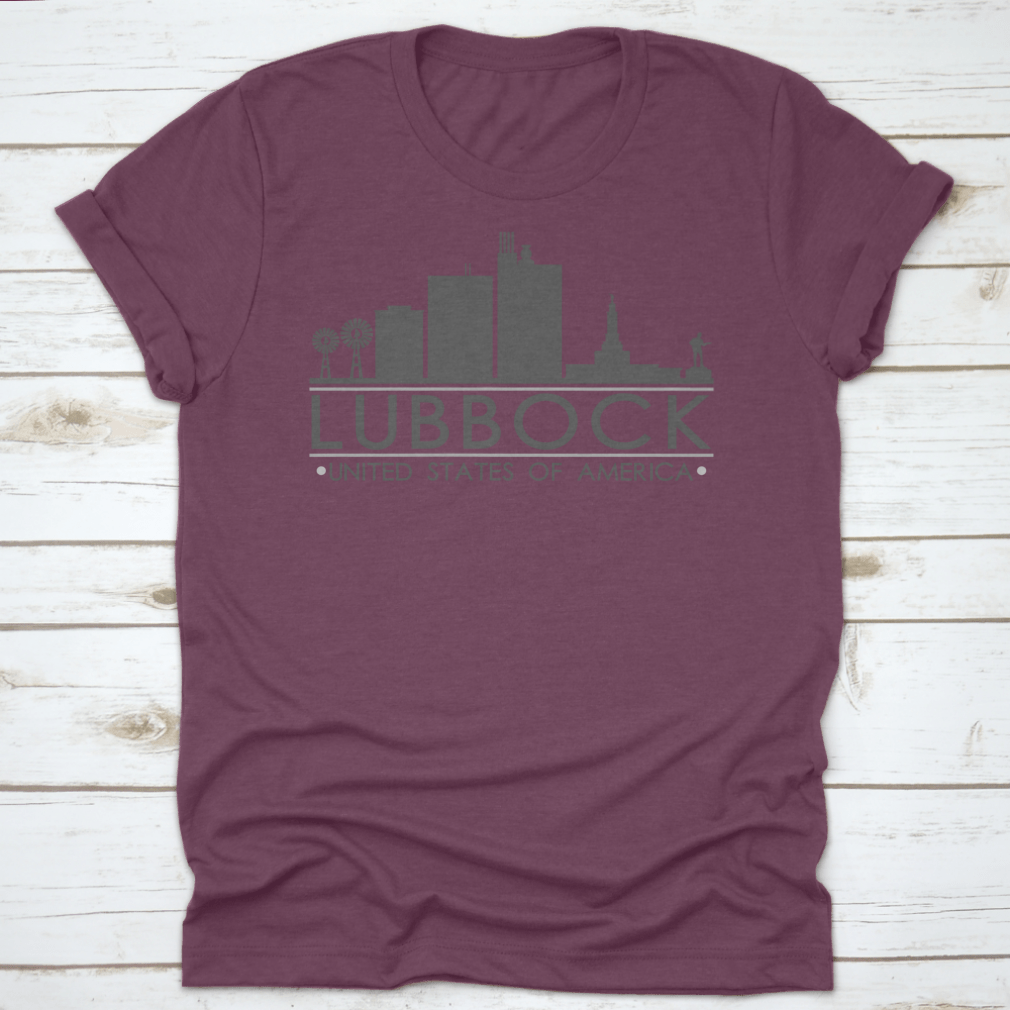 Lubbock Texas skyline silhouette design on a stylish t-shirt, showcasing iconic city landmarks in a modern vector art style.