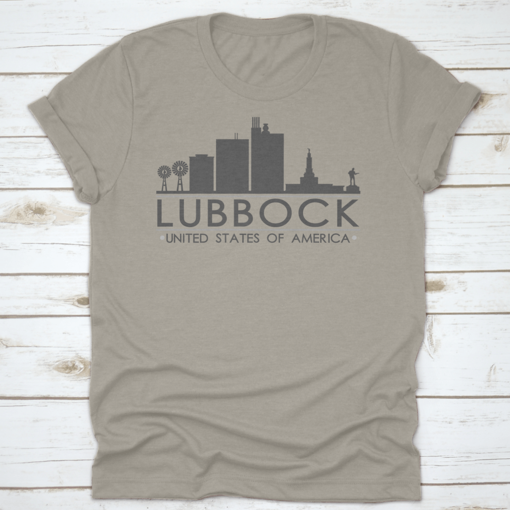 Lubbock Texas skyline silhouette design on a stylish t-shirt, showcasing iconic city landmarks in a modern vector art style.