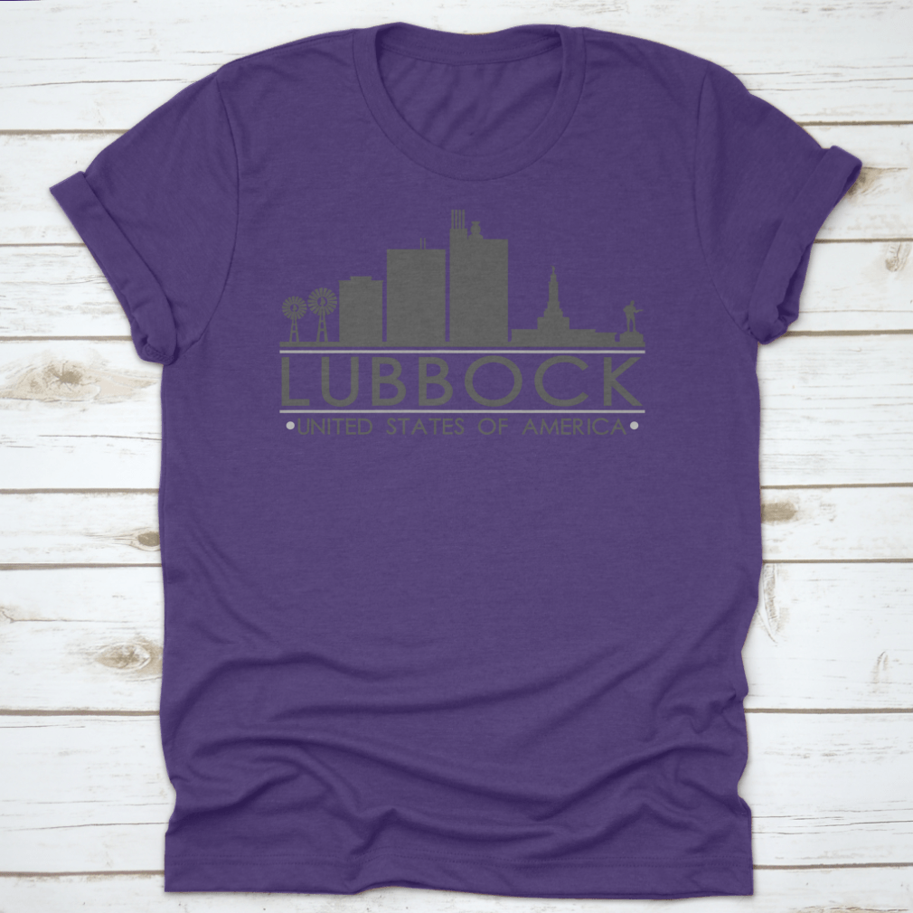 Lubbock Texas skyline silhouette design on a stylish t-shirt, showcasing iconic city landmarks in a modern vector art style.