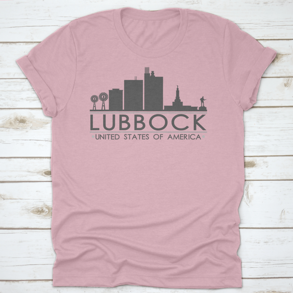 Lubbock Texas skyline silhouette design on a stylish t-shirt, showcasing iconic city landmarks in a modern vector art style.