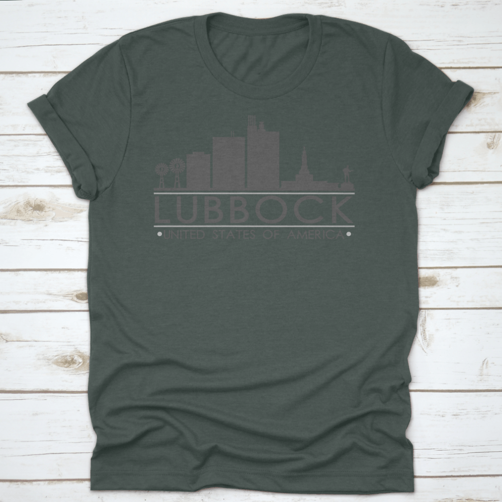 Lubbock Texas skyline silhouette design on a stylish t-shirt, showcasing iconic city landmarks in a modern vector art style.