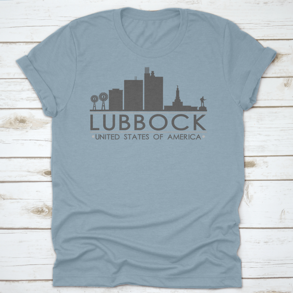 Lubbock Texas skyline silhouette design on a stylish t-shirt, showcasing iconic city landmarks in a modern vector art style.