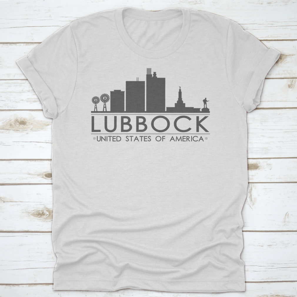 Lubbock Texas skyline silhouette design on a stylish t-shirt, showcasing iconic city landmarks in a modern vector art style.