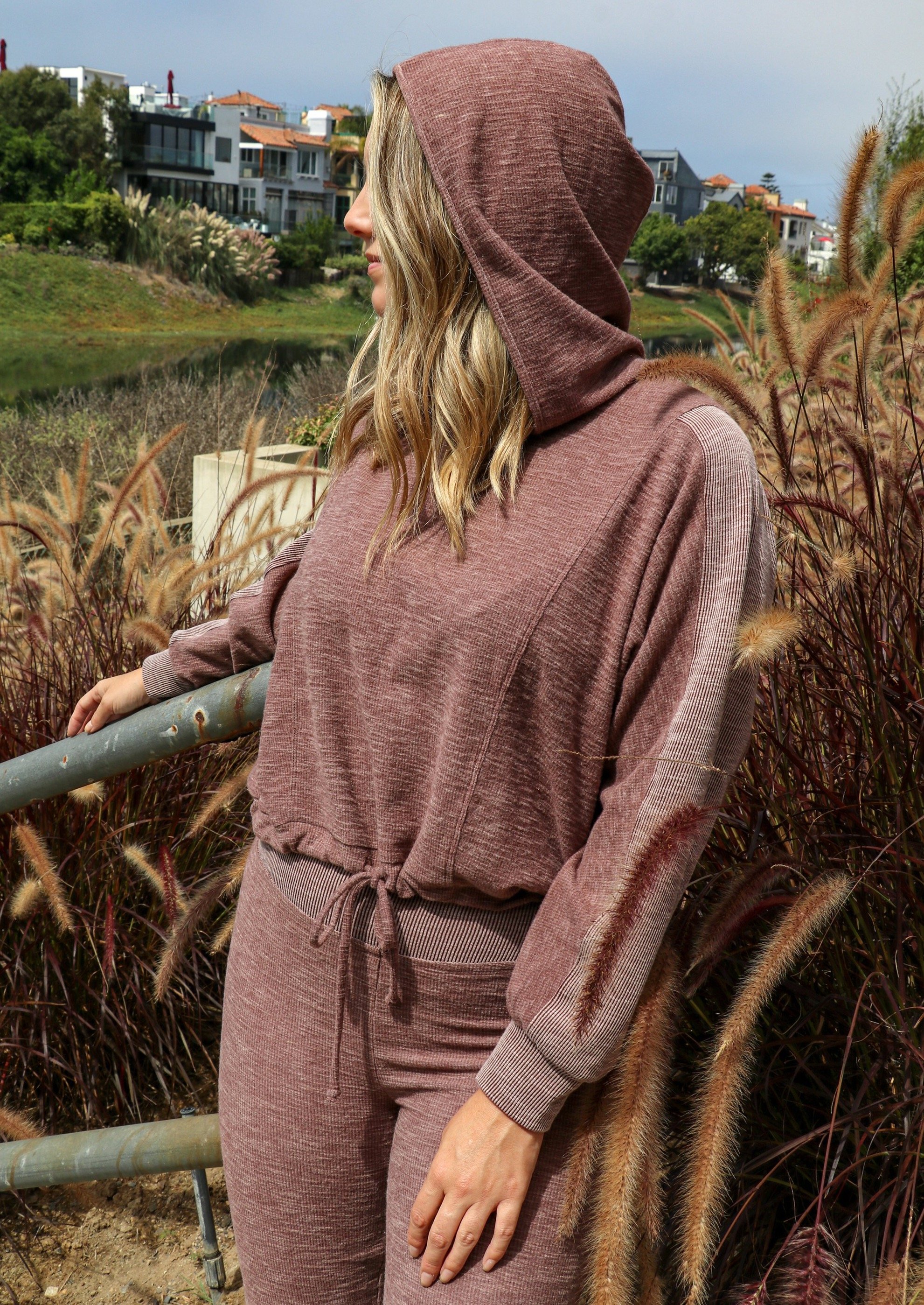 Mabel Hooded Pullover featuring dolman sleeves and drawstring waist in soft brushed rib fabric.