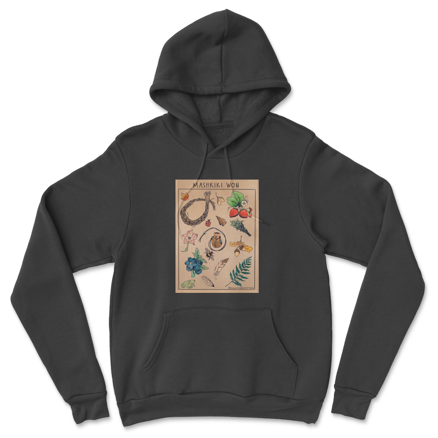 Mashkiki Won Hoodie featuring Indigenous artwork, kangaroo pocket, and drawstring hood, made from soft and sustainable fabric.
